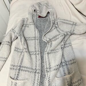 Scarlett Hooded Plaid Cardigan Sweater - Cream & Gray